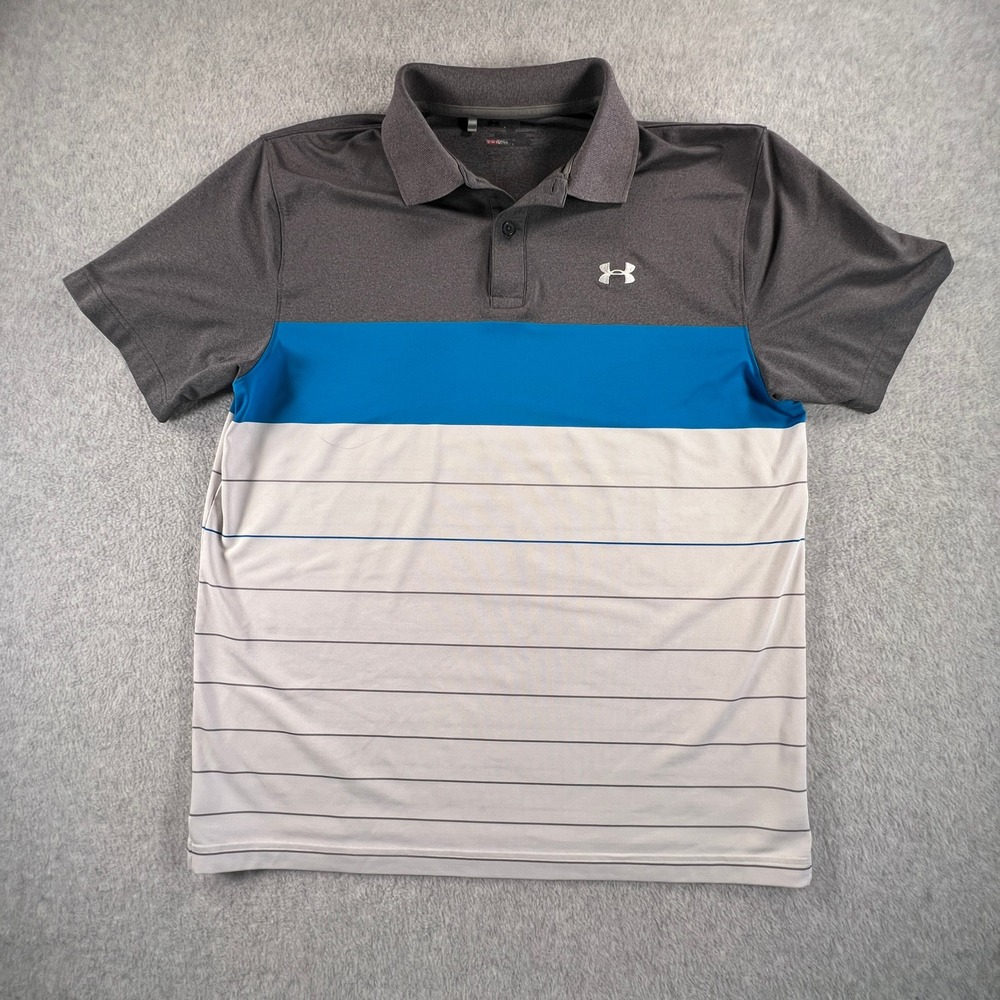 Under Armour Mens HeatGear Polo Shirt Grey Blue White Striped 1244570 Size M